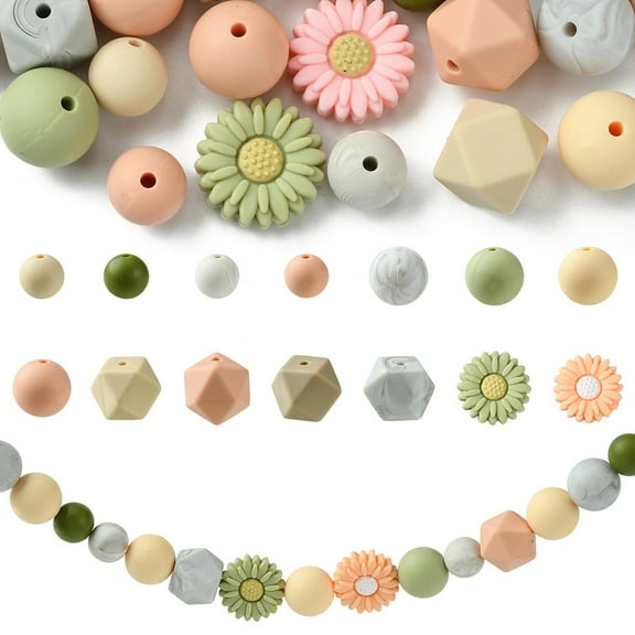 1Box 48Pcs 14 Styles Food Grade Eco-Friendly Silicone Focal Beads Chewing Beads For Teethers DIY Nursing Necklaces Making Daisy Mixed Color 12~20x12~20~12~16.5mm Hole: 2~2.2mm