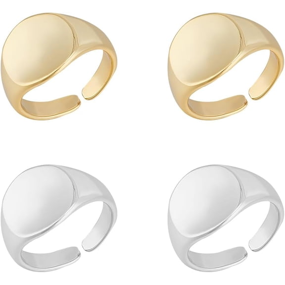 1Box 4Pcs 2 Colors Brass Flat Round Signet Ring Open Cuff Ring for Women Platinum & Light Gold US Size 5 1/2(16.1mm) 2Pcs/color