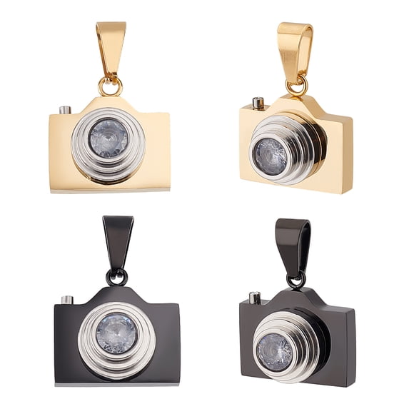1Box 4Pcs 2 Colors Camera Pendants Retro Rock Punk Camera Charm 19.5 mm Stainless Steel Pave Clear Cubic Zirconia Pendants Photographer Gifts Travel Charm 5x10mm Hole