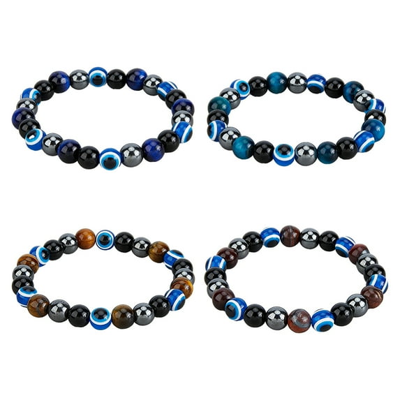 1Box 4Pcs 4 Colors Evil Eye Dyed Natural Tiger Eye & Black Agate Round Beaded Stretch Bracelets Set Mixed Color Inner Diameter: 2 inch(5.1cm) 1Pc/color