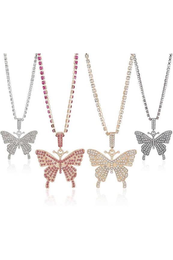 1Box 4Pcs 4 Colors Rhinestone Butterfly Pendant Necklaces Set with Cup Chains Alloy Jewelry for Women Mixed Color 17.68 inch(44.9cm) 1Pc/color