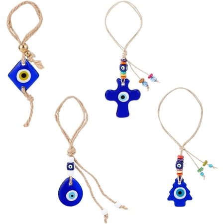 1Box 4Pcs 4 Style Glass Evil Eye Pendant Decorations with Plastic Beads and Hemp Rope Teardrop & Cross & Rhombus & Tree Blue 205~260mm 1pc/style