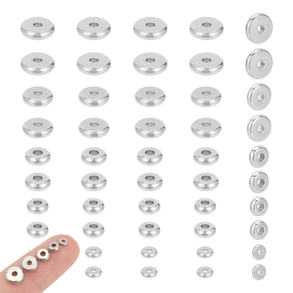 1Box 5 Sizes Spacer Beads 100pcs Flat Round Stainless Steel Beads 1.2-2mm Small Hole Metal Spacers Flat Metal Beads for Bracelet Necklace Jewelry Making Supplies 4/5/6/7/8mm Dia