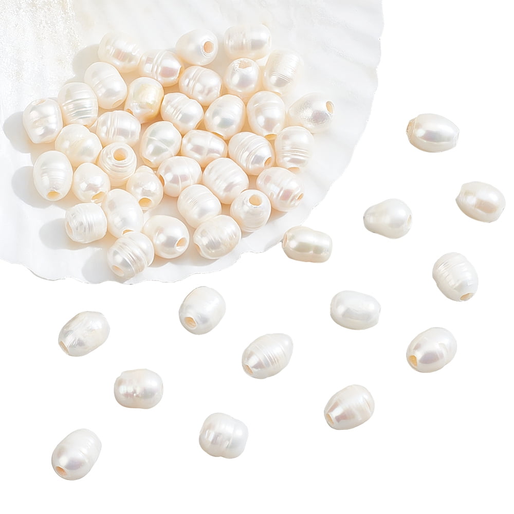 1Box 50 Pcs Abbout 8mm Natural Cultured Freshwater Pearl Beads 2.5mm Large Hole Oval White Pearl Loose Baroque Cultured Pearls Charms Beads for Craft Mother's Day Earrings Jewelry Making