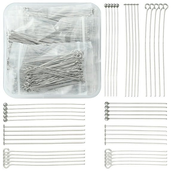 1Box 540Pcs 9 Styles 304 Stainless Steel Pin Sets Including Eye Pins & Flat Head Pins & Ball Head Pins Stainless Steel Color 21 Gauge 30~50x0.7mm 60pcs/style