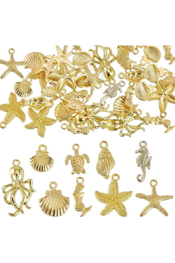 1Box 54Pcs 9 Styled Gold Sea Charms Ocean Charms Bulk Alloy Turtle Starfish Seahorses Mermaids Sea Animal Conch Summer Beach Charm for Jewelry Making Charms Women DIY Necklace Earring