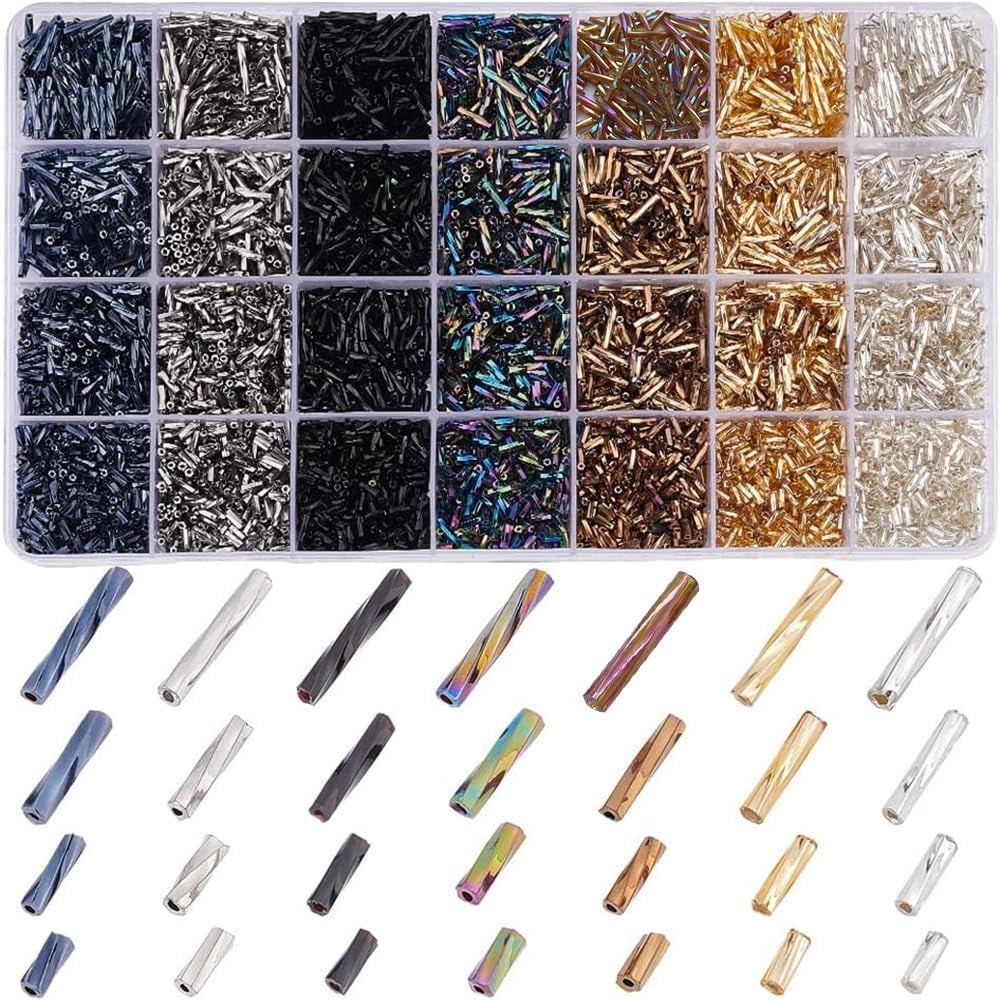 1Box 5845Pcs 28 Style Glass Twisted Bugle Beads Mixed Style Mixed Color 5~12x2mm Hole: 0.5mm