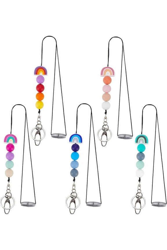 1Box 5Pcs 5 Colors Rainbow Silicone Keychain 304 Stainless Steel Split Key Rings and Plastic Breakaway Clasps Nylon Thread 400mm 1pc/color