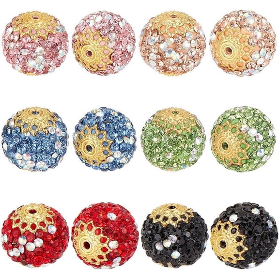 1Box 6 Colors Crystal Beads 16mm Rhinestone Beads 12pcs Polymer Clay Pave Disco Ball Beads Craft Loose Beads for Friendship Bracelet Necklace Earring Jewelry Making Christmas Decor