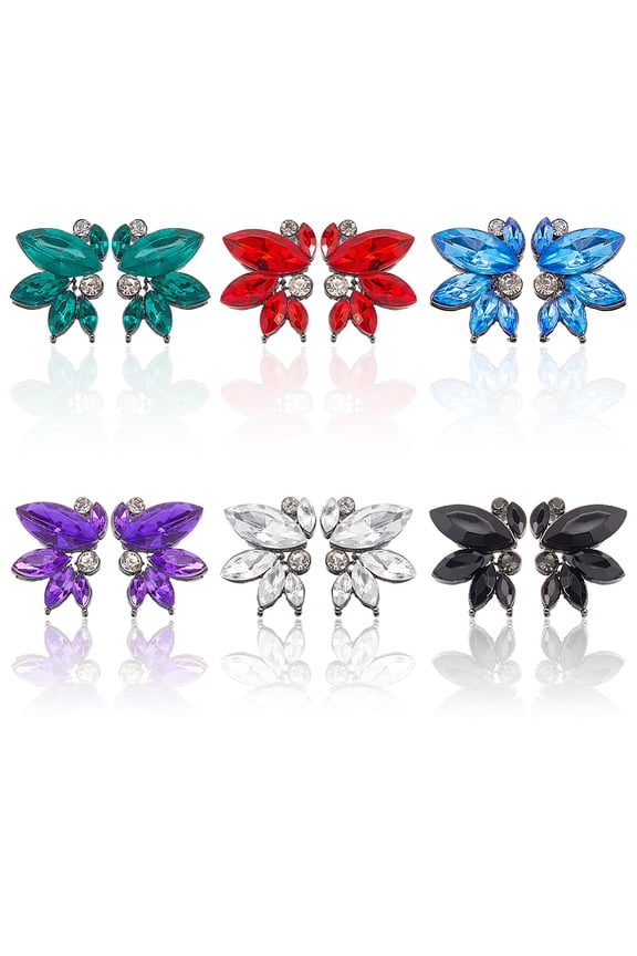 1Box 6 Pairs 6 Colors Sparkling Rhinestone Stud Earrings with Alloy Pins Flower Mixed Color 21x16mm 1 pair/color
