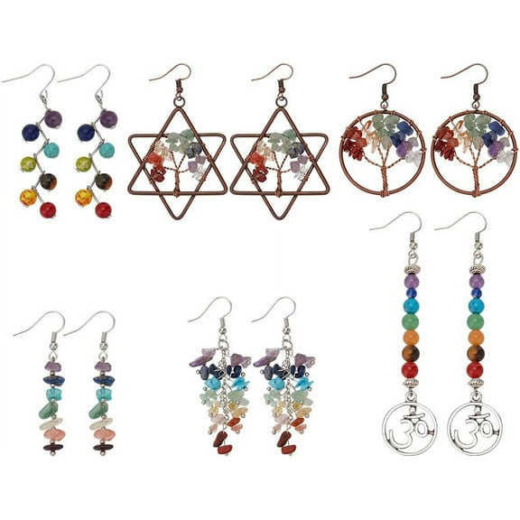1Box 6 Pairs 6 Style Natural Mixed Gemstone Tree of Life Dangle Earrings Brass Wire Wrap Jewelry for Women Mixed Color 50~96mm Pin: 0.6mm 1 pair/style