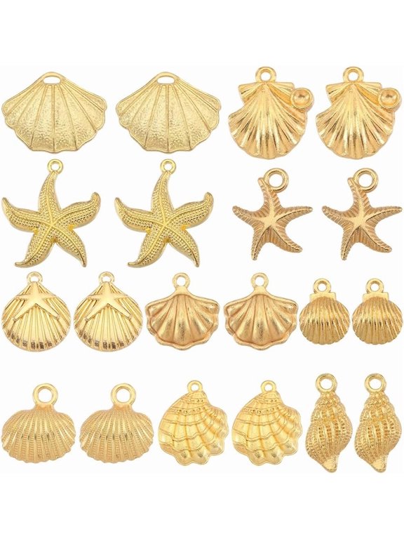 1Box 60Pcs 10 Styles Seashell Charms Gold Starfish Charm Bulk Alloy Conch Summer Ocean Life Theme Sea Animals Beach Charms