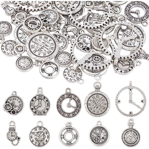 1Box 60Pcs 10 Styles Steampunk Charm Bulk Clock Face Charms Antique Silver Retro Punk Vintage Alloy Watch Time Charm Charms Supplies DIY Necklace Bracelet Earrings Adults