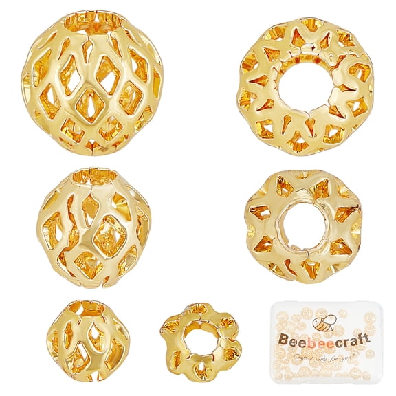 1Box 60Pcs 3 Size Hollow Spacer Beads 18K Gold Plated Gold Round Filigree Loose Beads for DIY Crafts Bracelets Necklaces Earrings Jewelry Making