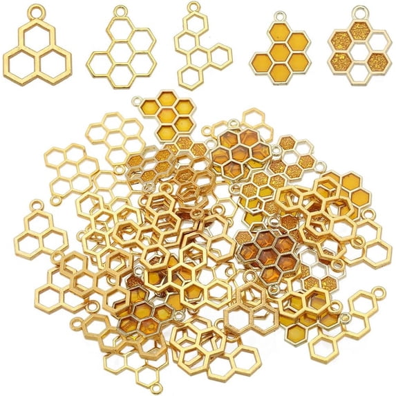 1Box 60Pcs 5Styles Bee Charms Honeycomb Charms Bulk Honeycomb Enamel Charm Mini Honeycomb Charm Hollow Sweet Honey Charms