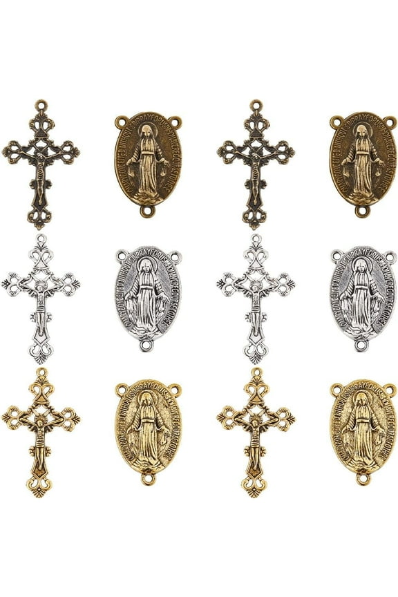 1Box 60Pcs 6 Styles Rosary Cross Charms Crucifix Charm Easter Holiday Antique Silver Gold Bronze Oval Chandelier Links Rosary Bead Findings for Jewelry Making Charms Supplies DIY Necklaces