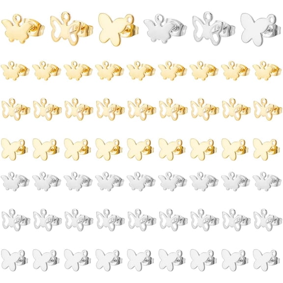 1Box 60pcs 6 Styles Earring Post with Loop Hole Filigree Butterfly Stud Minimalist Earring Stud Post Stud with Hoop Stainless Steel Earring Studs for Earring Making Hole: 1.2-1.4mm Pin: 0.8mm