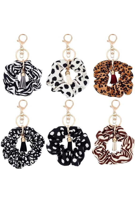 1Box 6PCS Elastic Bracelet Keychain Leopard Print Spotted Removable Bracelet Keyring Soft Stentch Hair Keyring with Tassle Pendant Cloth Scrunchie Wristlet Bracelet Keychain for Woman Girl