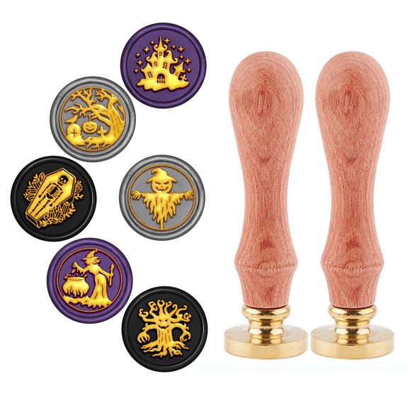 1Box 6Pcs 6 Patterns Brass Wax Seal Stamp with 2Pcs Pear Wood Handle for DIY Scrapbooking Mixed Patterns 2.5x1.45cm