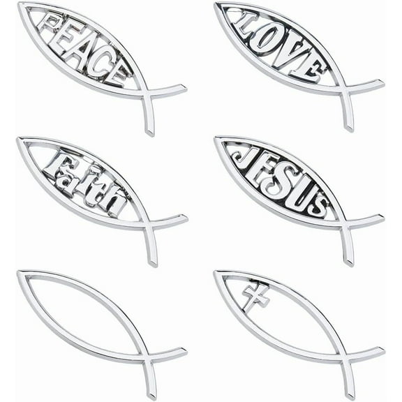1Box 6Pcs 6 Style Jesus Fish Car Sticker Silver Auto Emblem Plastic Cross Fish Decal Sticker Waterproof Love Peace Car Stickers Self-Adhesive Decals for Vehicle Decoration 140x46x6mm
