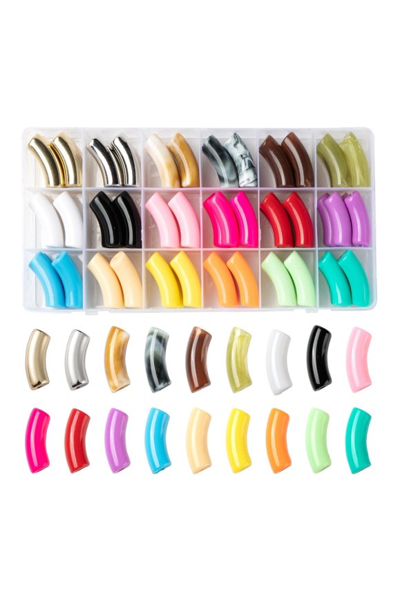 1Box 72Pcs 18 Style CCB Plastic & Imitation Gemstone Curved Tube Mixed Color 35~36x13.5~14x11~11.5mm Hole: 3.5~4mm 4pcs/style