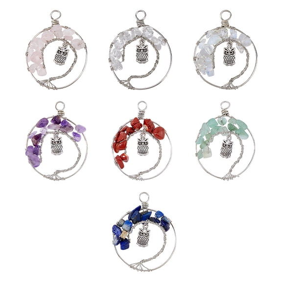 1Box 7Pcs 7 Styles Owl Alloy Chip Beads Copper Wire Wrapped Pendant Sets Silver & Platinum 47~49x39~40x6.5~9mm Hole: 2.5~4mm 1pc/style