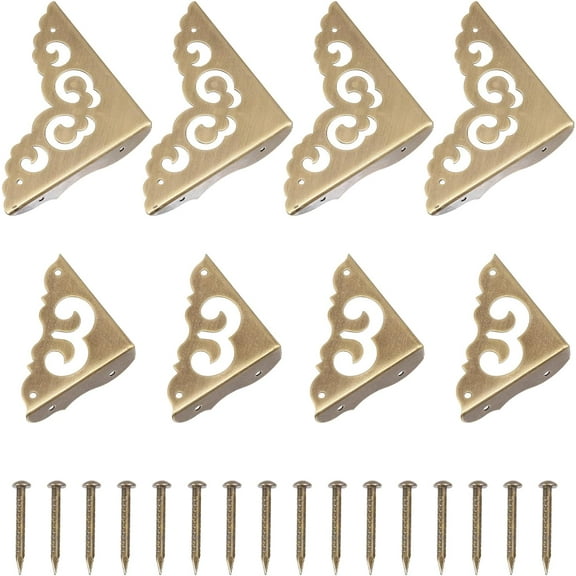 1Box 8 Sets 2 Styles Triangle Brass Corner Protectors For Furniture Jewelry Box Decoration Antique Bronze 40~66x41~66x12mm Hole: 2mm 4 sets/style