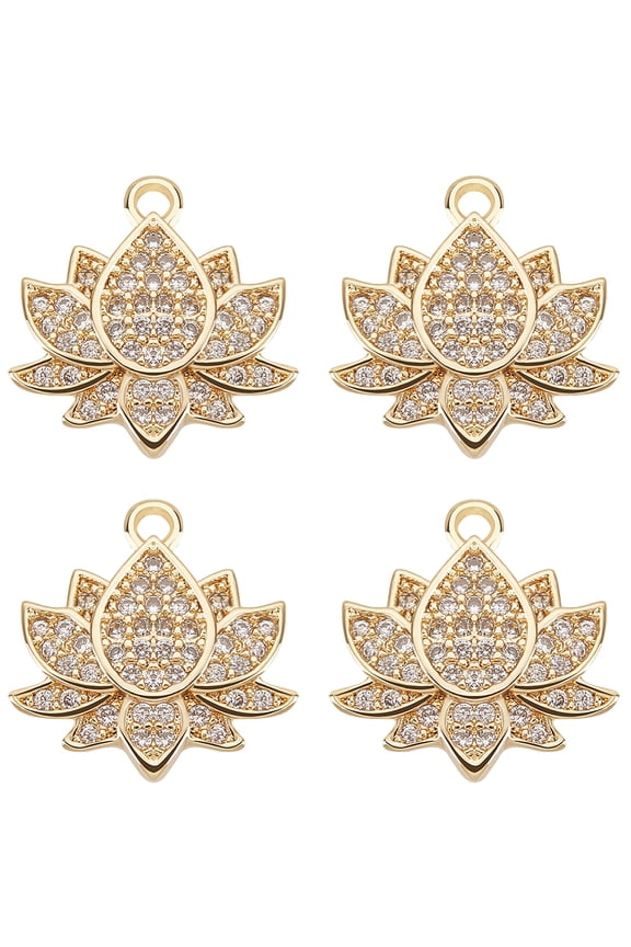 1Box 8Pcs Brass Micro Pave Cubic Zirconia Charms Lotus Charm Real 18K Gold Plated Clear 13x13x2mm Hole: 1mm