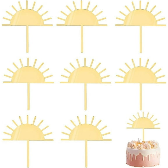 1Box 8Pcs Sun Birthday Cake Toppers Acrylic Mirror Cake Insert Card Cake Decor Supplies Gold 128x120x1mm