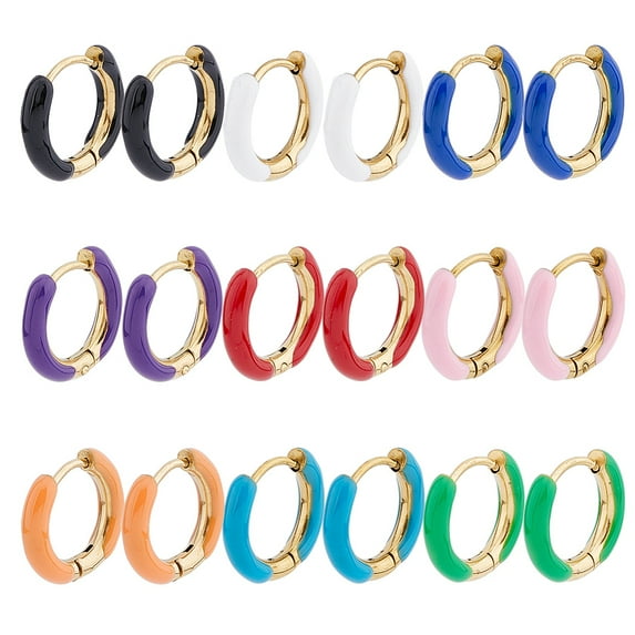 1Box 9 Pairs 9 Colors Enamel Huggie Hoop Earrings Real 18K Gold Plated 304 Stainless Steel Jewelry for Women Mixed Color 10 Gauge 15~16x2.5mm Pin: 1mm 1 Pair/color