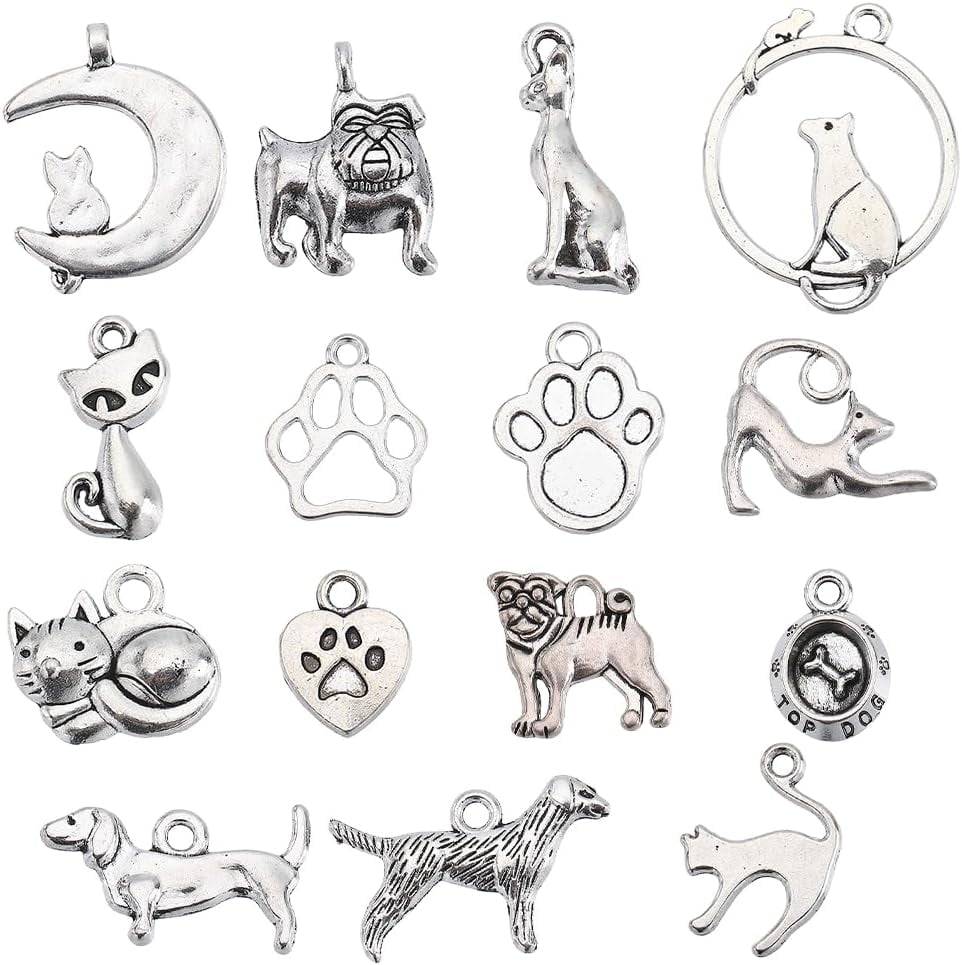 1Box 90Pcs Dog Charms Silver Cat Charm Bulk Puppy Animals Pet Bone