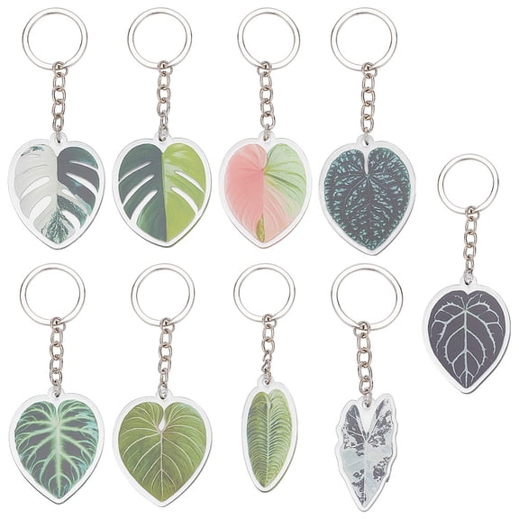 1Box 9Pcs 9 Style Creative Imitation Leaf Acrylic Pendant Keychain with Iron Findings for Car Bag Decoration Pendant Mixed Color 105~115mm Pendant: 53~54.5x25~42x4mm 1pc/style