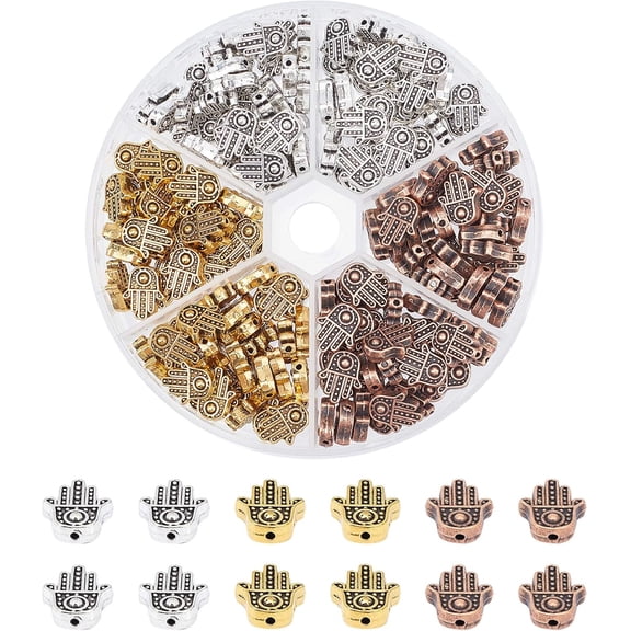 1Box About 180PCS 3 Colors Tibetan Hamsa Hand Beads Hand of Ftima Beads Alloy Spacer Beads with 1.5mm Hole for DIY Jewelry Craft Making