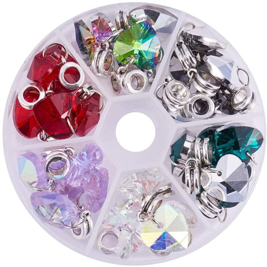 NOBRAND 1Box Alloy European Dangle Charms Large Hole Pendants with Electroplated Glass Heart Pendants Antique Silver Mixed Color 25mm Hole: 5mm Pendant: 14x14x7mm 5pcs/color 30pcs/box