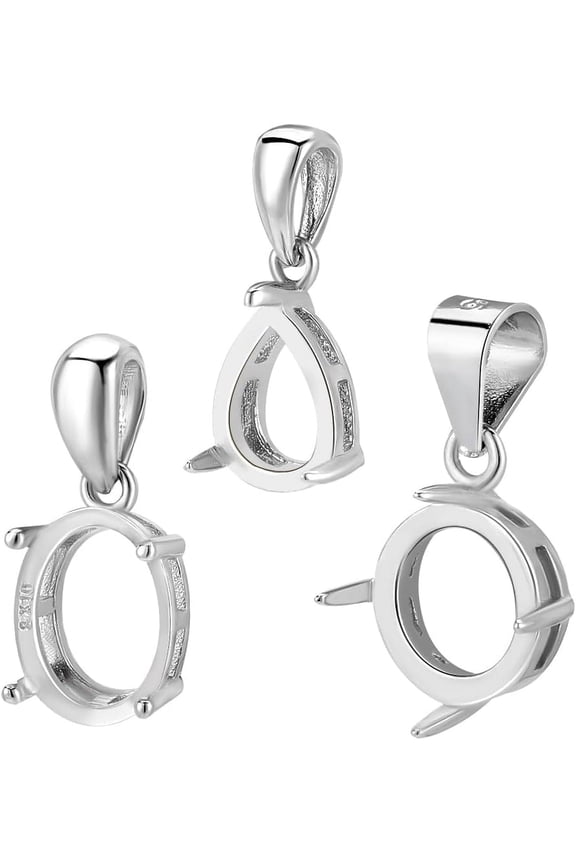 1Box Anti-Tarnish 3Pcs 3 Styles Rhodium Plated 925 Sterling Silver Pendant Cabochon Settings Mixed Shapes with 925 Stamp Platinum Tray: 8~10x6.5~8mm