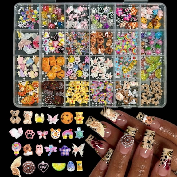 1Box Cartoon Cute Series Resin Nail Charms,24 Grid Box Creative Butterfly Guinea Pig Turtle Crab Animals Nail Art Decorations Simulated Pizza Biscuit Nail Accessories DIY Nails