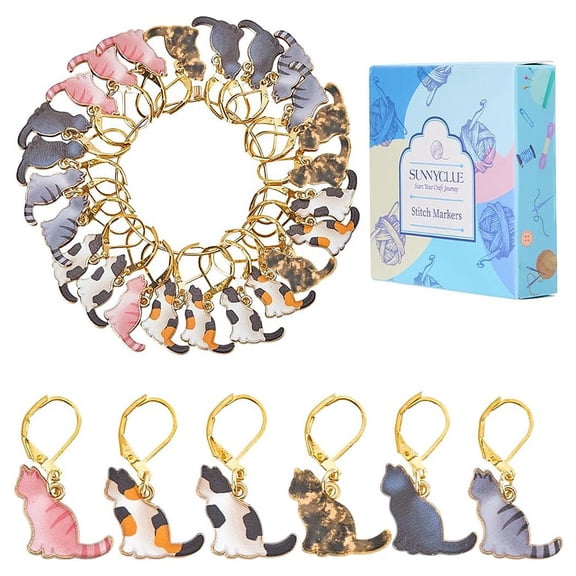 1Box Cat Alloy Enamel Pendant Locking Stitch Markers Brass Leverback Earring Findings Mixed Color 3cm 24pcs/set