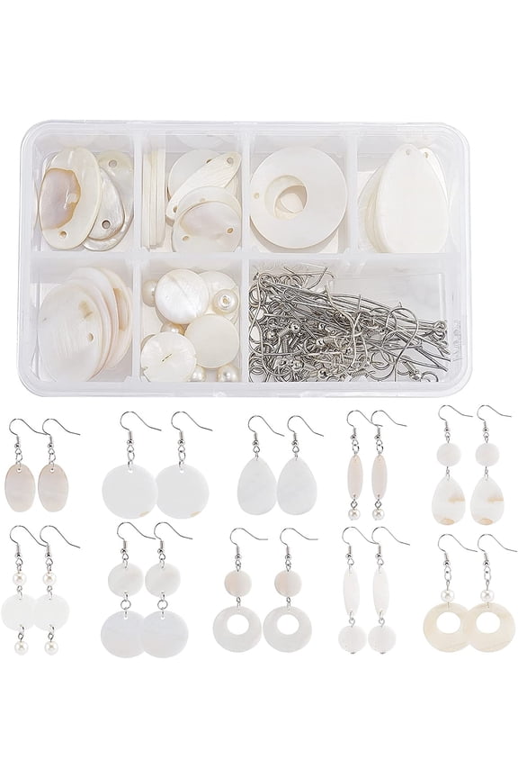 1Box DIY 10Pairs Shell Earring Making Kit Include Teardrop Flat Round Oval Pendants Glass Pearl Beads Jumping Rings & Earring Hooks