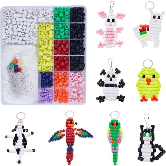 1Box DIY 8Sets Bead Pets Bead Animals Keychain Kit Video Tutorials 8mm Large Hole Pony Beads Farm Animal Shapes Duck Sheep Cow Panda Beaded Animal Key Chains Cord
