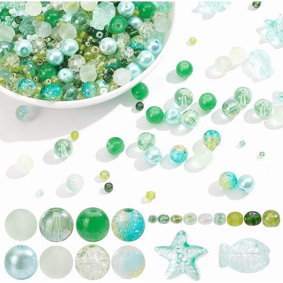1Box DIY Beads Jewelry Making Finding Kit Including Imitation Jade Glass & Seed Beads Round & Fish & Starfish Green 1182Pcs/box