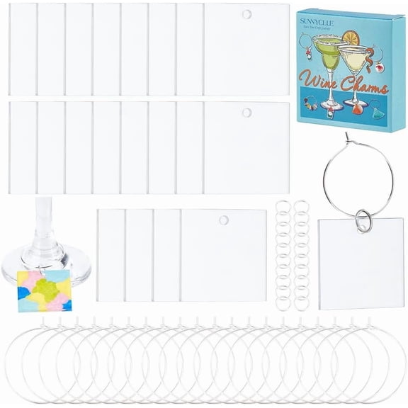 1Box DIY Blank Wine Glass Charm Making Kit Including Acrylic Big Pendants Brass Wine Glass Charm Rings & Jump Rings Square 70Pcs/boxDIY