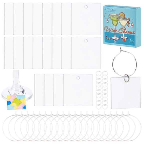 1Box DIY Blank Wine Glass Charm Making Kit Including Acrylic Big Pendants Brass Wine Glass Charm Rings & Jump Rings Square 70Pcs/box