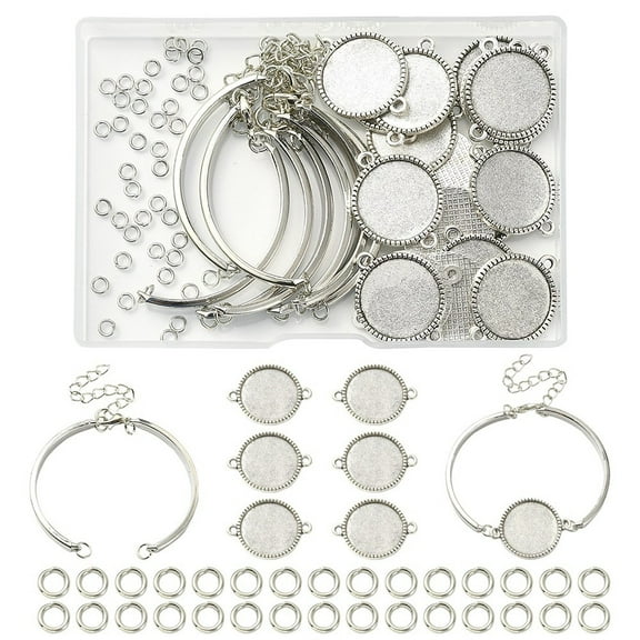 1Box DIY Bracelet Making Finding Kit Including Alloy Bracelet Making & Alloy Flat Round Cabochon Connector Settings Brass Jump Rings Antique Silver & Platinum 75Pcs/box