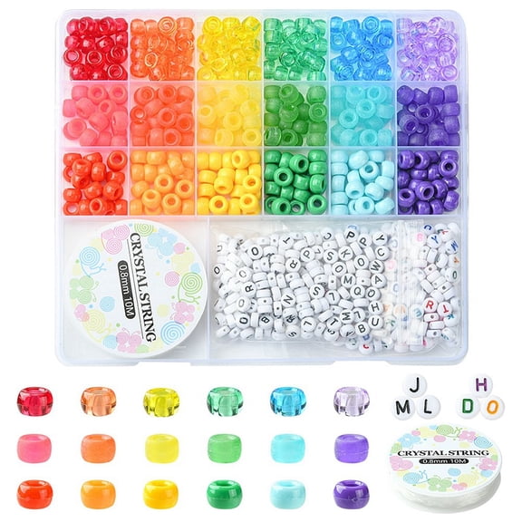 1Box DIY Bracelet Making Kit Including Barrel Plastic & Acrylic Letter Beads Elastic Thread Mixed Color Beads: 7~9x3.5~6mm Hole: 1~3.8mm 4000Pcs/box Material Plastic