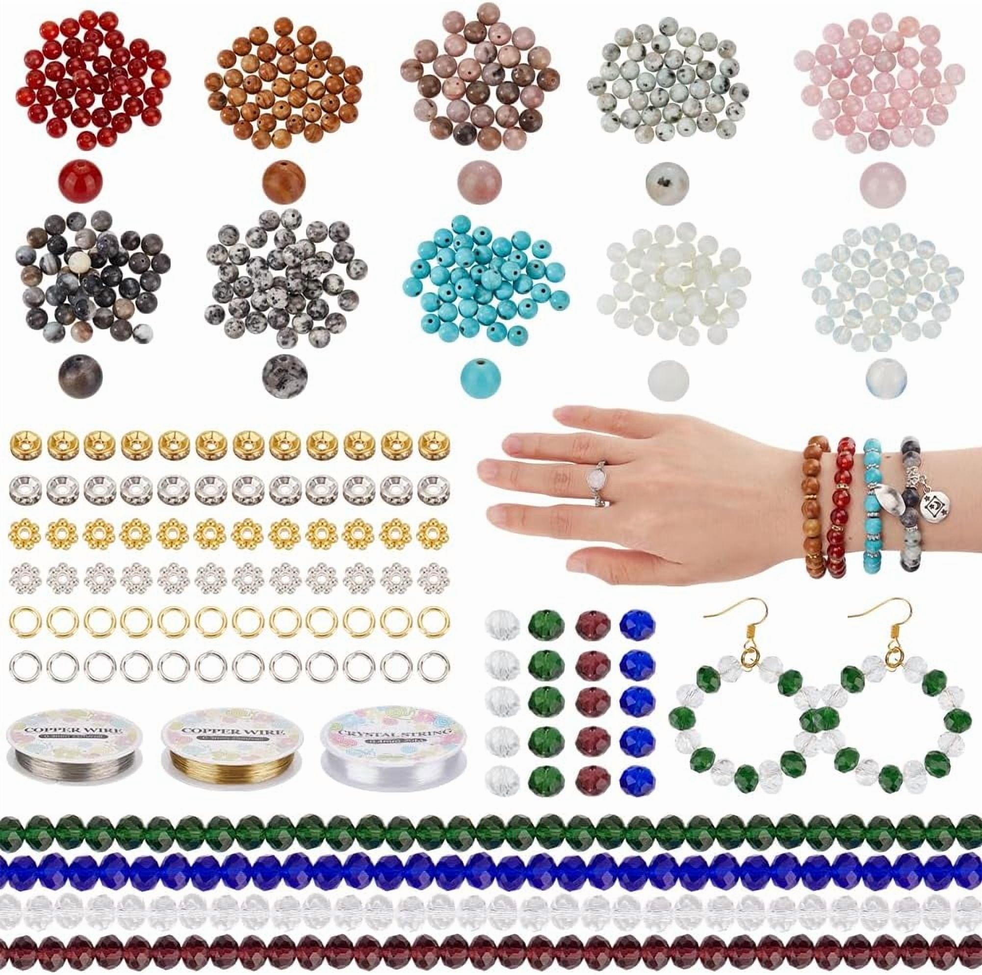1Box DIY Bracelet Ring Making Kit Including Natural & Synthetic Mixed Gemstone Round & Glass Bicone & Alloy Flower & Rhinestone Space Beads Copper Craft Wire Elastic Thread 8mm Hole: 0.8~1.2mm