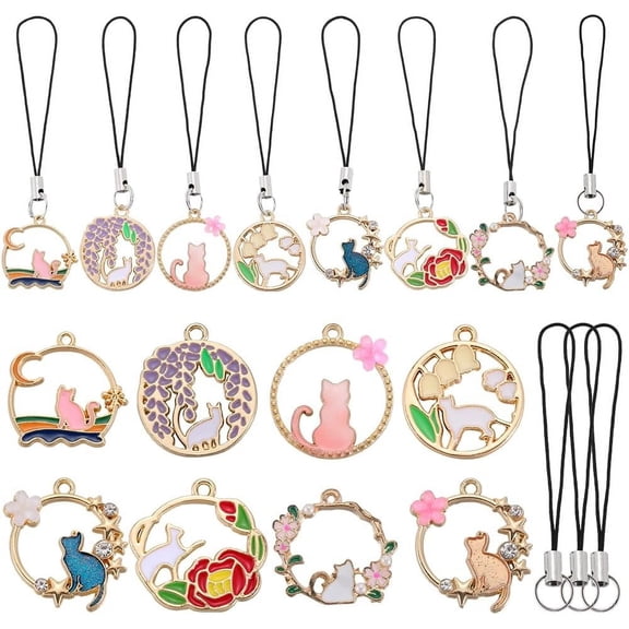 1Box DIY Cat & Flower Alloy Enamel Pendants Mobile Straps Making Kit Mixed Color 56mm