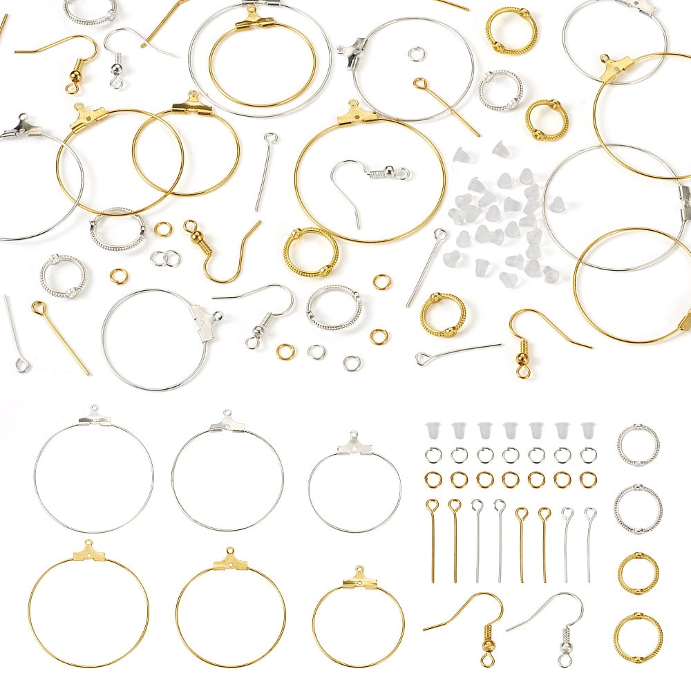 1Box DIY Earring Making Finding Kit Including Iron Ring Wire Pendants Alloy Bead Frames Plastic Ear Nuts Golden & Silver 690Pcs/box
