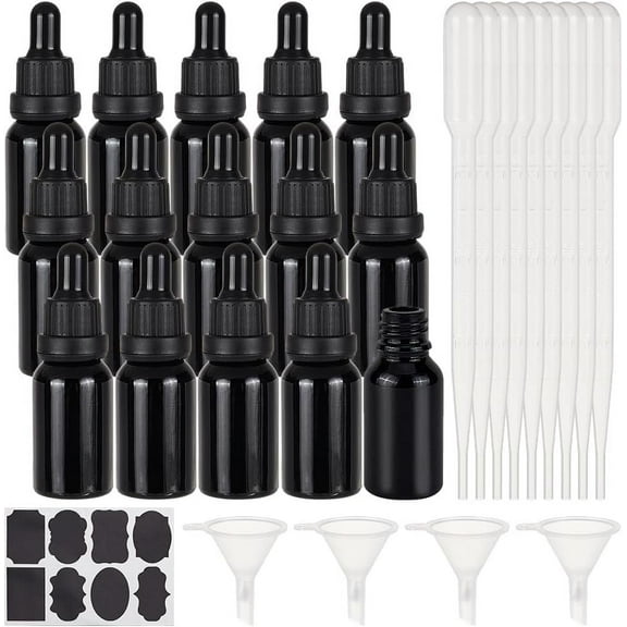 1Box DIY Essential Oil Bottle Kit with Empty Glass Dropper Bottles Plastic Funnel Hopper & Dropper Chalkboard Sticker Labels Black 200x150x100mm