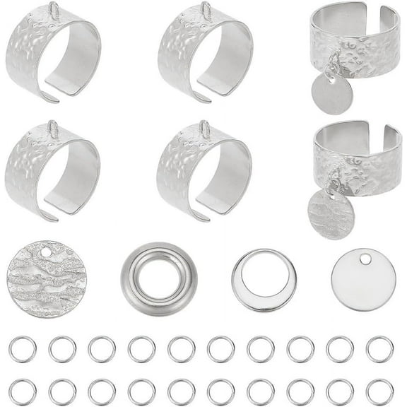 1Box DIY Flat Round Charms Cuff Ring Making Kit Including 304 Stainless Steel Open Finger Ring Components & Jump Ring & Charms & Linking Rings Stainless Steel Color 10x1mm Hole: 1.4mm