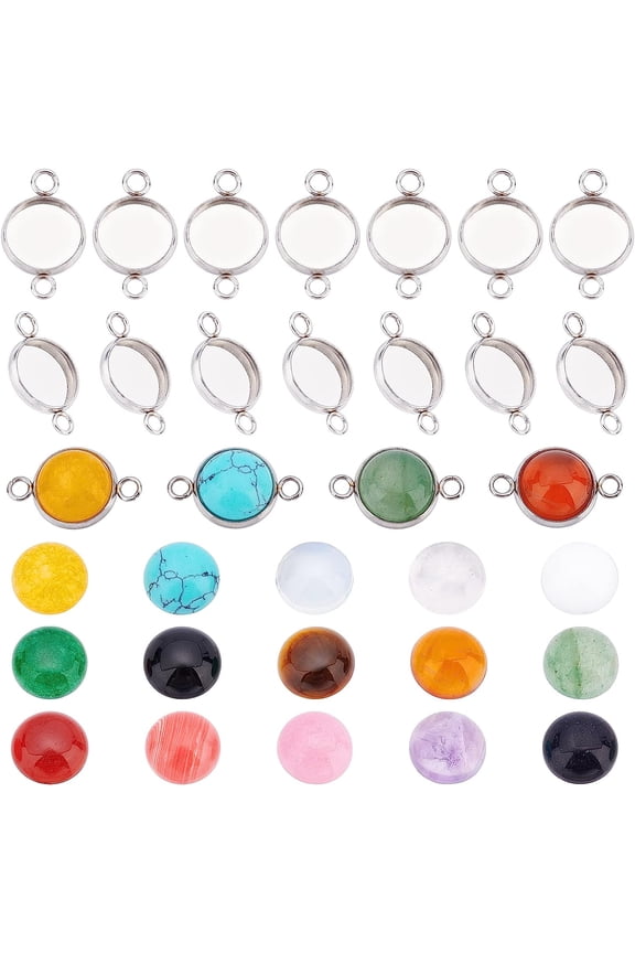 1Box DIY Flat Round Stone Pendant Making Kit Including Natural 304 Stainless Steel Cabochons Settings Stone Cabochon: 30pcs/box